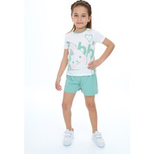 Toontoy Kız Çocuk 2'li Takım Baskılı Bisiklet Yaka T-Shirt & Beli Lastikli Şort