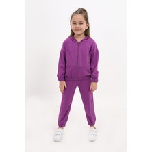 Toontoy Kız Çocuk 2'li Takım Kapüşonlu Fermuarlı Sweatshirt & Beli Paçası Lastikli Jogger Eşofman Altı - 2 Iplik