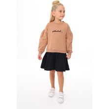 Toontoy Kız Çocuk Baskılı Relax Fit Bisiklet Yaka Uzun Kollu Elbise - Renk Bloklu - TK24346