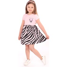 Toontoy Kız Çocuk Baskılı Relax Fit Bisiklet Yaka Kısa Kollu Elbise - Renk Bloklu