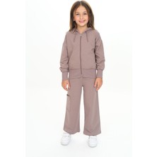 Toontoy Kız Çocuk 2'li Takım Kapüşonlu Fermuarlı Sweatshirt & Beli Lastikli Bol Paça Cepli Eşofman Altı - 2 Iplik