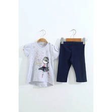 Toontoy Kız Çocuk 2'li Takım Baskılı Bisiklet Yaka T-Shirt & Beli Lastikli Kapri Şort