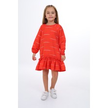 Toontoy Kız Çocuk Baskılı Relax Fit Bisiklet Yaka Reglan Uzun Kollu Volanlı Elbise -