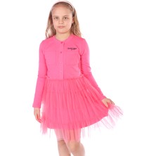 Toontoy Kız Çocuk Baskılı Relax Fit Hakim Yaka Düğmeli Uzun Kollu Tüllü Elbise - Cep Detaylı