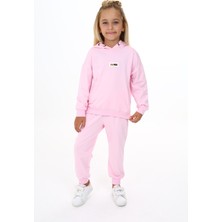 Toontoy Kız Çocuk 2'li Takım Baskılı Kapüşonlu Sweatshirt & Beli Paçası Lastikli Jogger Eşofman Altı - Garni Detaylı & 2 Iplik