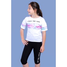 Toontoy Kız Çocuk 2'li Takım Baskılı Bisiklet Yaka T-Shirt & Basic Düz Crop Tayt & Garnili Detaylı