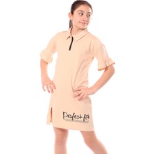 Toontoy Kız Çocuk Baskılı Regular Fit Gömlek Yaka Fermuarlı Kısa Kollu Elbise - Yırtmaç Detaylı &