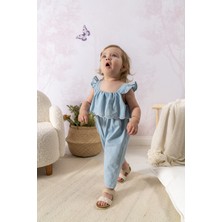 Noynoy Bebek Bebek Kot Tulum - Fırfır Detaylı Nakış Işlemeli Askılı Denim Tulum