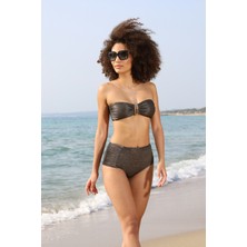 Estiva Kadın Parlak Kahverengi Yüksek Bel Britli Aksesuarlı Straplez Bikini Takımı
