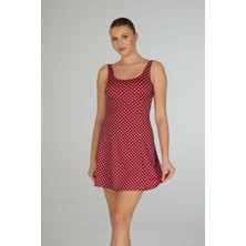 Estiva Kadın Puantiyeli Kırmızı Emprime Tek Parça Elbise Mayo