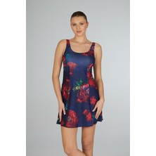 Estiva Kadın Çiçek Desenli Lacivert Emprime Tek Parça Elbise Mayo