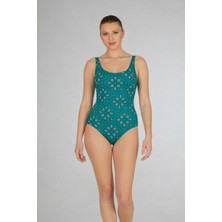 Estiva Kadın Kare Desenli Turkuaz U Yaka Emprime Tek Parça Mayo