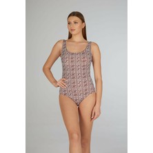 Estiva Kadın Çizgi Desenli Kahverengi U Yaka Emprime Battal Beden Tek Parça Mayo