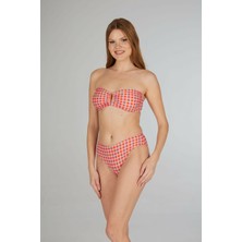 Estiva Kadın Kareli Kırmızı Tokalı Straplez Bikini Takımı