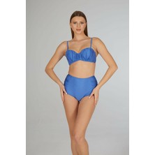 Estiva Kadın Koyu Mavi Drapeli Kaplı Straplez Bikini Takımı