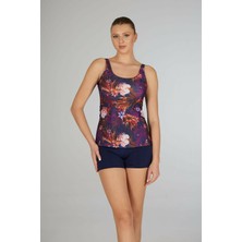 Estiva Kadın Çiçek Desenli Lacivert Emprime Şortlu Tankini