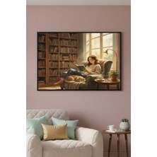Safir Design Kitap Köşesi Için Tablo Kitap Okuyan Kadın ve Kedi Figürlü Çerçeveli Tablo
