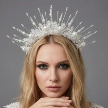 Magic Tiara El Yapımı Inci Detaylı Güneş Formlu Gelin Tacı