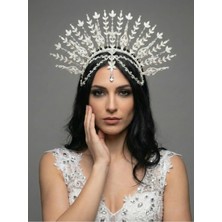 Magic Tiara El Yapımı Işıltılı Gelin Tacı – Yaprak Desenli Geniş Form