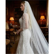 Magic Tiara Dantelli Gelin Duvakı – Zarif Fransız Dantel Işlemeli Tül Duvak