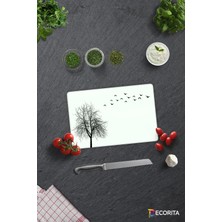 Feyza Design Ağaç ve Kuş Desenli Cam Kesme Tahtası, 20X30 Cm, Şık ve Dayanıklı Kullanım