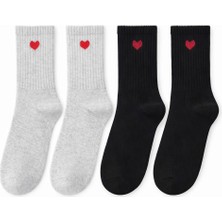 Solde 2 Çift Kız Çocuk Pamuklu Çorap – Kalpli Desen, Gri Siyah Kombin, Kaliteli