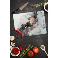 Feyza Design Şık Siyah Yaldızlı Mermer Cam Kesme Tahtası 30X40 cm