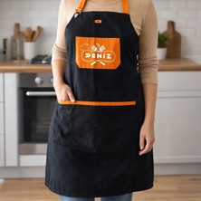 Bk Gift Kişiye Özel Isimli Turuncu Cepli Siyah Mutfak Önlüğü -1, Aşçı ve Şef Önlüğü, Ev Hediyesi