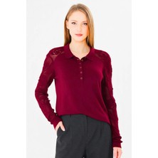 Irmak Kerekli Kadın Yumuşak Dokulu Gül Desenli Dantel Örgü Polo Yaka Triko Bluz 953 Bordo