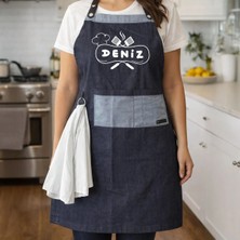 Bk Gift Kişiye Özel Isimli Pamuk Denim Havlu Detaylı Mutfak Önlüğü -1, Aşçı ve Şef Önlüğü, Ev Hediyesi