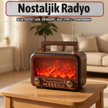 Badem10 Nostaljik Şömineli Radyo Bluetooth USB Type C Aux Solar Panelli Şarjlı Ses Bombası Hoparlör