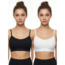 Underwear Bodyway 2'li Paket Esnek Fitilli Ribana Crop Atlet - Pamuklu Dokulu Büstiyer Set - Uyku Sütyeni