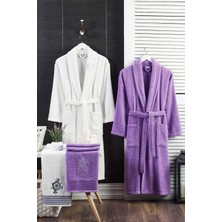 Rubby Avm 4 Parça Aile Bornoz Seti Kadın Erkek Havlulu Bornoz Takımı 100 Beyaz Lavanta