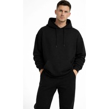 Polo State Erkek Oversize Kapüşonlu Kanguru Cepli 3 Iplik Içi Polarlı Siyah Sweatshirt