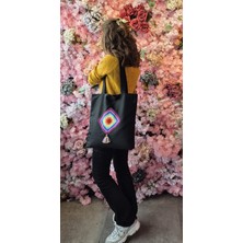 Handream Gökkuşağı Detaylı Siyah Bez Omuz Çantası