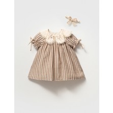 Noynoy Bebek Bebek Kız Çizgili Vintage Elbise Dantel Yakalı Nakış Detaylı Bandanalı Takım