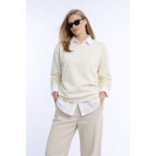 Polo State Kadın Ekru 3 Iplik Şardonsuz Bisiklet Yaka Regular Fit Sweatshirt