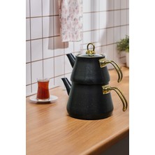 Feyza Design Siyah Granit Kaplama Cam Kapaklı Gold Kulplu Çaydanlık