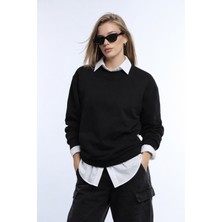 Polo State Kadın Siyah 3 Iplik Şardonsuz Bisiklet Yaka Regular Fit Sweatshirt