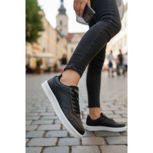 Enoch Unisex Siyah Suni Deri Spor Ayakkabı Beyaz Düz Tabanlı ve Perfore Detaylı Günlük Casual Sneaker