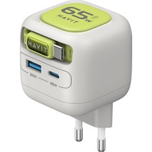 Havit UC253 65W Gan Hızlı Şarj Adaptörü Geri Çekilebilir Kablolu Pd Type-C - Gri Yeşil