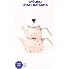 Feyza Design Kalp Desenli Emaye Çaydanlık Takımı, Özel Zamak Tepenli, Şık ve Kullanışlı