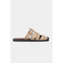 Nişantaşı Shoes Honey Rome Bej Hakiki Süet Toka Detaylı Düz Taban Kadın Terlik
