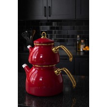 Feyza Design Kırmızı Gold Detaylı Emaye Çaydanlık Takımı, 1,1l Demlik + 2,3l Suluk