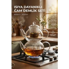 Feyza Design Şık 600+1000ML Cam Demlik, Isıya Dayanıklı Süzgeçli ve Kapaklı