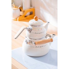 Feyza Design Emaye Beyaz Çaydanlık 1/2 L, Çiçek ve Yazı Desenli, Şık ve Dayanıklı