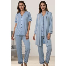 Effortt Rahat Kesim Sabahlıklı Hamile Lohusa Pijama Takımı - Mavi