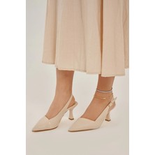 Modezya Lenora Bej Mat Desenli Arka Toka Detay Sivri Burun Kadın Topuklu Ayakkabı