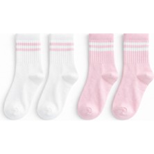Solde 2 Çift Kız Çocuk Pamuklu Günlük Çorap - Çizgili Desen, Beyaz & Pudra Renk, Yumuşak Dokulu, Kaliteli