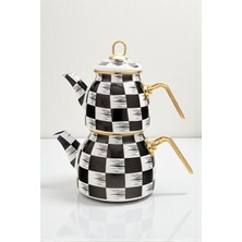 Feyza Design Damalı Emaye Çaydanlık Takımı, Siyah Beyaz Altın Renkli Metal Kulplu